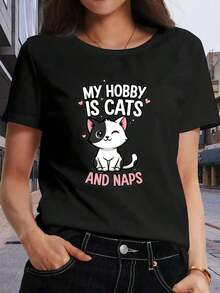 ropa de mujer Camisa Casual para Mujer con Estampado de Gatito y Corazón de Dibujos Animados, Lavable, Adecuada para Todas las Temporadas, Top Casual, Atuendo Casual Cómodo, Ropa a la Moda, Cómoda y Ajustada, Tela Transpirable, Top para Mujer. Cotton 53QC camisas de mujer - Negro - Ver 6