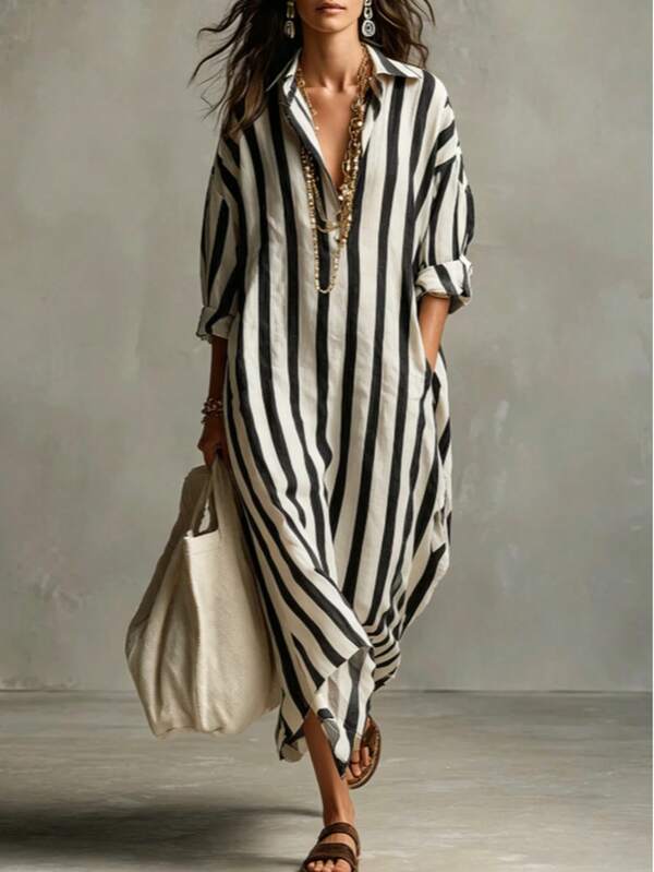 Women's Summer Polo Collar Striped Casual Vacation Dress Black