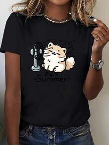 Camiseta Casual de Corte Holgado para Mujer con Estampado Gráfico "Fu Summer Cute Cat", Transpirable y Cómoda, de Manga Corta y Cuello Redondo, con Estampado de Gato Kawaii, de Algodón Suave, Perfecta para Uso Diario y Estilo Urbano de Verano. - Negro - Ver 6