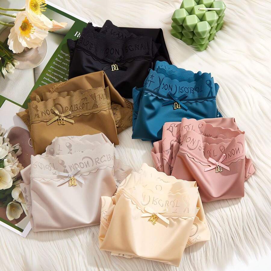 Women's Mid-High Waist Satin Panties, Sexy Lace Trim & Bow Detail, Silky Smooth, High Elastic Comfort Briefs, Sweet Lingerie Underwear - Nhiều màu - Xem 1