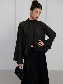 Elegant And Luxurious Chiffon Blouse With Ruffles And Layers In Purple-Red For Women - Black - View 6
