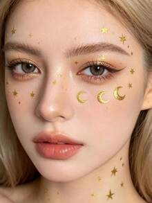 金色星星月亮脸贴，防水防汗，适用于舞台妆容、音乐节、派对、摄影，自粘式，节日氛围装饰贴纸 - 彩色 - 查看 2