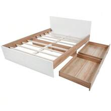 Double Bed, Wooden Frame 140*200 Cm With 2 Drawers, Modern Bed Including Frame And Slatted Base - 207*80*145 Cm (Length*Height*Width) In Oak/White (Without Mattress). - 白色 - 查看 8