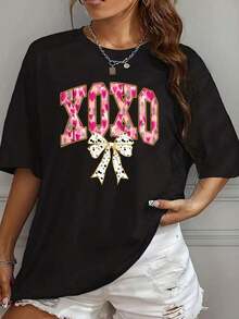 Women's T-Shirt With Pink Heart Print XOXO And Bow, Casual Summer T-Shirt For Women, Fashion Graphic Tee For Valentine's Day And Romantic Occasions - 黑色 - 查看 7