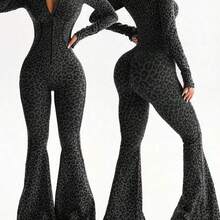 Dewbera 1pc Women's Seamless Sexy Leopard Print Mock Neck Front Zipper Thumb Hole High Waist Contour Sports Running Fitness Gymnastics Dance Long Sleeve Flared Jumpsuit - Multicolor - Ver 8
