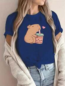 Women's "Capybara Loves Bubble Tea" Black Casual Short Sleeve T-Shirt With Animal Print, Breathable Polyester, Machine Washable - Vintage Street Style Unisex Cotton Short Sleeve Crew Neck T-Shirt - 藍色的 - 查看 1