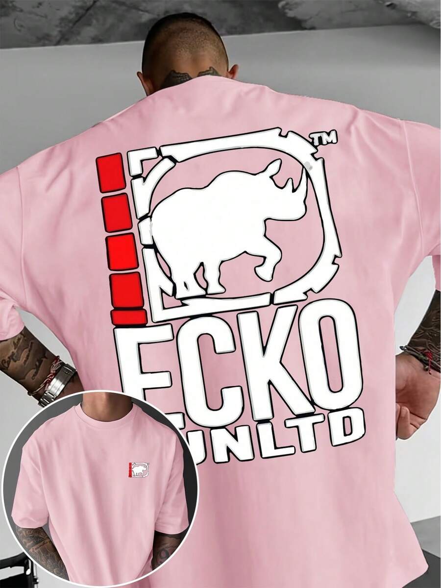A Short-Sleeved T-Shirt With A "Rhino" Print And A Round Neck, Ideal For Summer. It's A Must-Have For Travel, Dates, Beach Outings, And Vacations, Making It A Perfect Gift For Dad Or A Boyfriend On Special Occasions. - 粉色 - 查看 1
