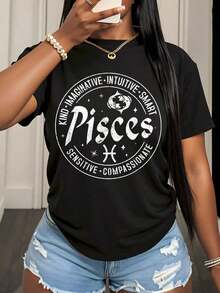 Women's Cotton T-Shirts With The Pisces Zodiac Sign, Women's T-Shirt, Kind, Imaginative, Intuitive, Intelligent, Sensitive, Compassionate, With Astrology Graphic, Casual Top, Summer Outfit, Gift For Birthday Or Holidays, Basic Blouses For Women. - 黑色 - 查看 1