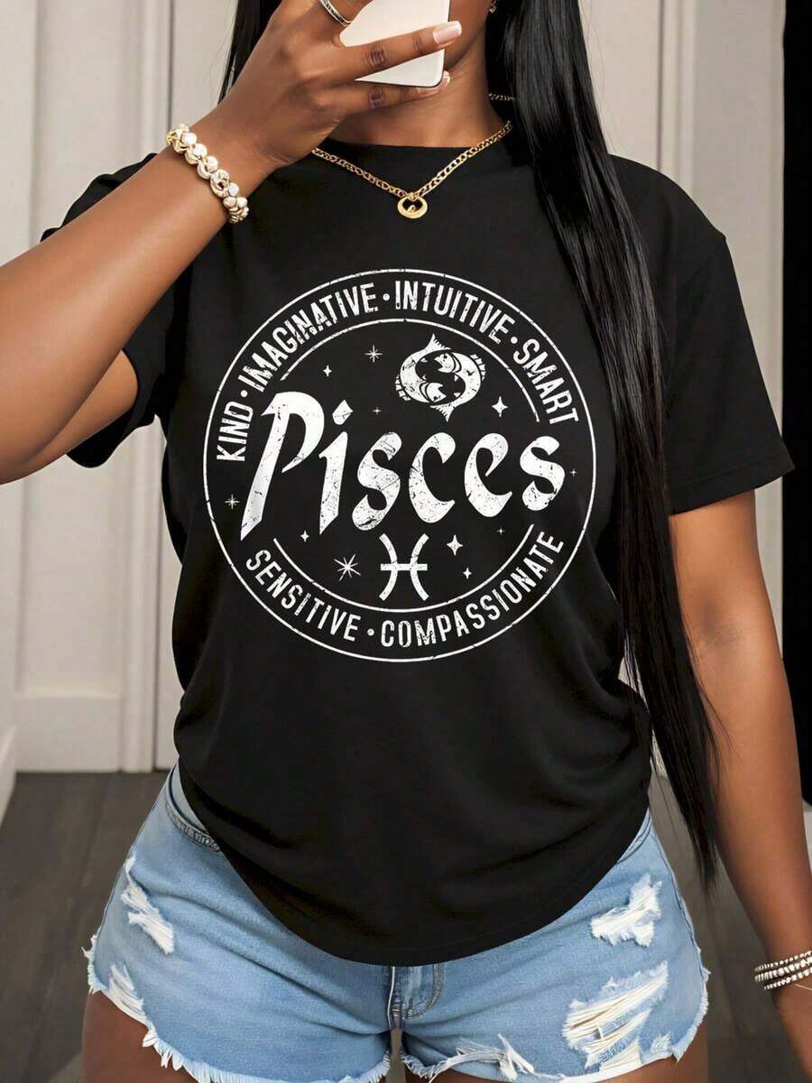 Women's Cotton T-Shirts With The Pisces Zodiac Sign, Women's T-Shirt, Kind, Imaginative, Intuitive, Intelligent, Sensitive, Compassionate, With Astrology Graphic, Casual Top, Summer Outfit, Gift For Birthday Or Holidays, Basic Blouses For Women. - 黑色 - 查看 1