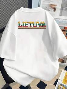 New 180g Short-Sleeved T-Shirt, 1% Cotton, With Prints On The Front And Back - Lithuania, Lithuanian Flag - Fashionable Printed T-Shirt For Women, Spring/Summer, Your Best Choice! - Suitable For Layering In Spring And Autumn, And For Wearing Alone In Summer, Unisex Style. - White - View 2