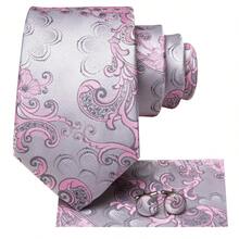 Set de 4 piezas de corbata de hombre con flores rosas claras plateadas que incluye pañuelo de bolsillo, gemelos aleatorios y pinza de corbata dorada, corbata formal festiva para días festivos - Rosa - Ver 3