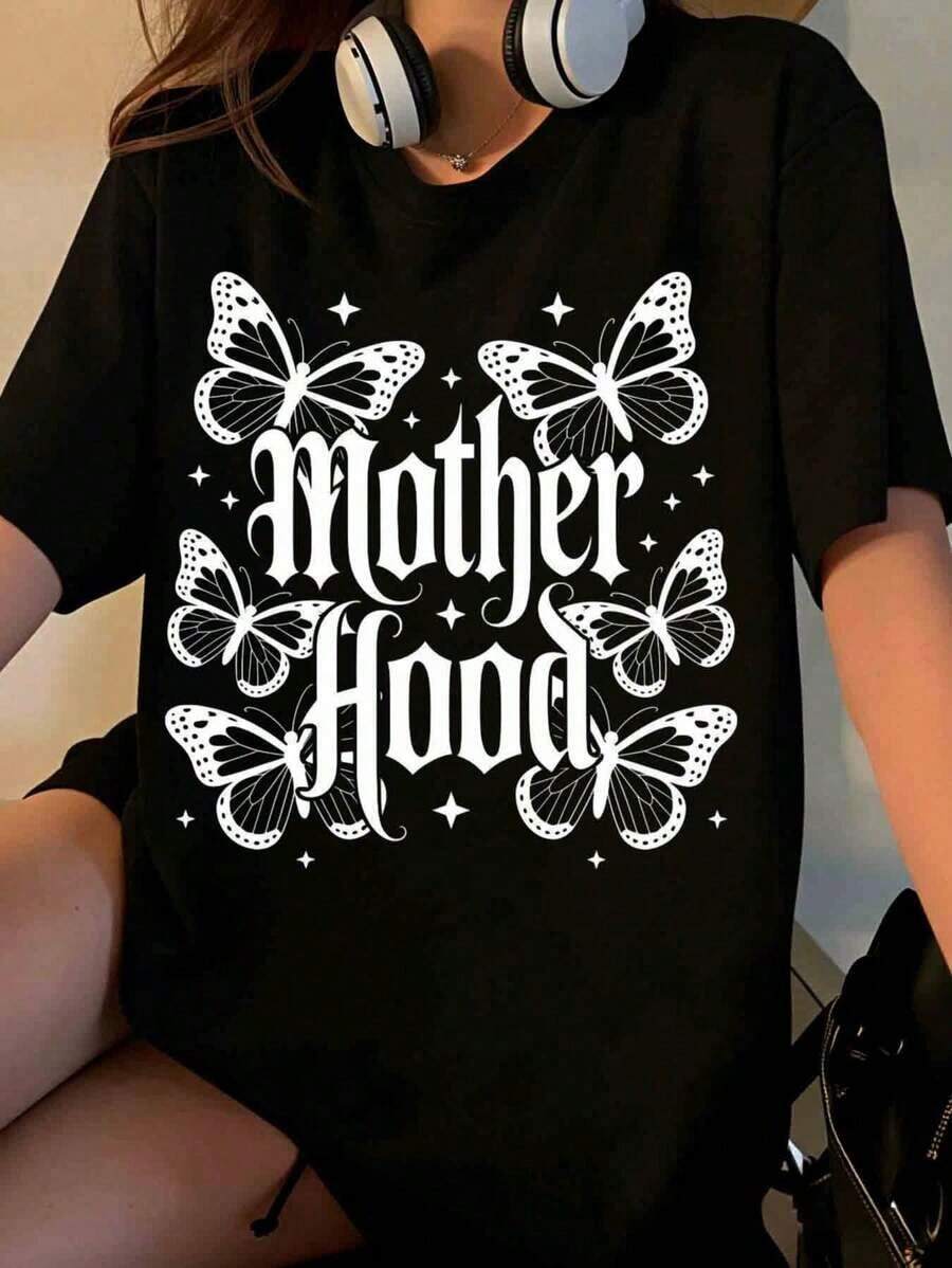 Women's Butterfly Design T-Shirt, Casual Black Top With Graphic Print Of White Butterflies And Stars, Soft And Comfortable Cotton T-Shirt, Perfect For Daily Wear And Special Occasions [Suitable For Leisure And Sports Activities] - 黑色 - 查看 1