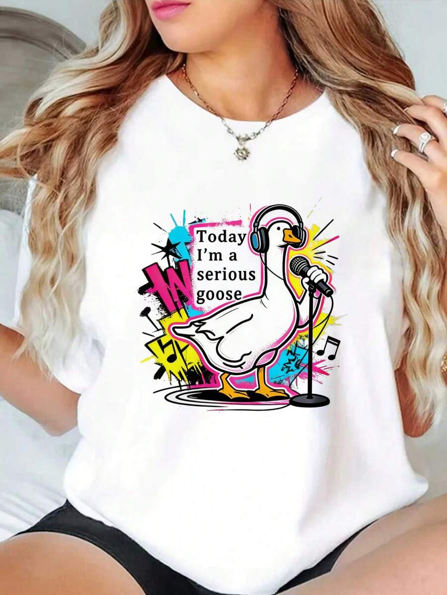 Modern And Minimalist T-Shirt With Fun Cartoon Duck Print With Headphones Singing, For Women, White, Short Sleeve, Suitable For All Seasons, Urban Style, Versatile Combinations, Daily Outfits, Casual Meetings, Everyday Use. - 白色 - 查看 1