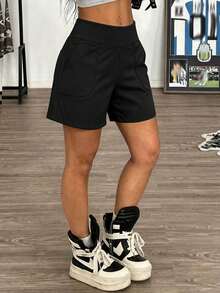Plus Size Women's Casual Loose Drawstring Waist Shorts, Solid Color Minimalist Design, With 2 Side Pockets, Wear & Workout, Spring/Summer Sports - Black - View 5