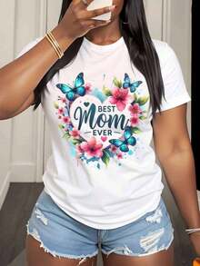 Women's T-Shirt With Heart, Butterfly And Flower Design "World's Best Mom", Mother's Day Gift, Casual Summer Top, 220g - Urban Vintage Style, Unisex, Loose Fit, Cotton, Short Sleeve, Round Neck, 100% Pure Cotton - 白色 - 查看 3