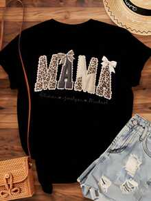 Personalized Leopard Print T-Shirt For Moms With Children's Names, Personalized T-Shirt For Mom, Casual Women's Top, Mother's Day Gift, 220g - Urban Vintage Style, Unisex, 100% Pure Cotton Short Sleeve Crew Neck T-Shirt - 黑色 - 查看 4