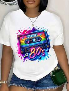 Retro 80s Cassette Music Theme Graphic T-Shirt, Vintage Style, Ideal For Parties, Makes A Perfect Gift For Friends And Family On Any Holiday Or Special Occasion, Fashionable Summer Cotton T-Shirt - 白色 - 查看 3