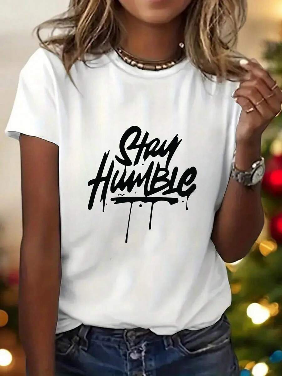 Women's Casual Cotton Crew Neck T-Shirt, Cute And Interesting English Letter Print T-Shirt, Short Sleeve Casual Sports T-Shirt For Spring/Summer, Women's Clothing, Simple T-Shirt For Everyday Wear - 白色 - 查看 1