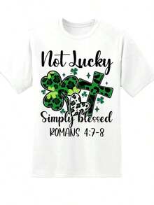 Women's White T-Shirt With Heart, Cross And Shamrock Print, For St. Patrick's Day, Christian Religious Gift, 220g, Casual Daily. - 白色 - 查看 4