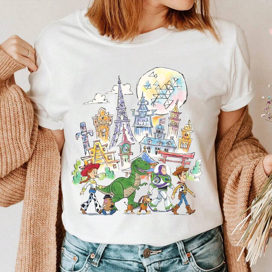 Watercolor Toy Story Disney Castle Shirt, PixarWoody, Buzz, Jessie, Rex, Slinky Dog Shirt, WDW Disneyland Family Vacation 2026 Trip Disney Oversized T-Shirt - trắng - Xem 1