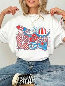 Women's Casual Cotton T-Shirt, Short Sleeve, Round Neck, With USA Graphic, As A Gift For Independence Day - 白色 - 查看 6