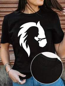 Women's Modern, Casual T-Shirt, Perfect For Parties And Lounging At Home, 100% Cotton, Loose Fit. Graphic Tees Horse Head Print T-Shirt, Short Sleeve Crew Neck Casual Top For Summer & Spring, Women's Clothing 100% Cotton - 黑色 - 查看 2