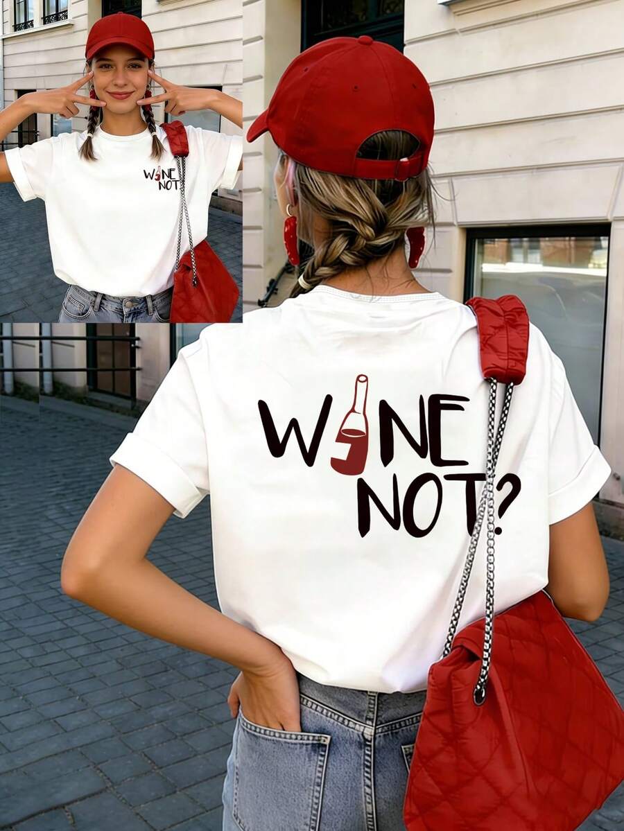 New Arrival Summer Minimalist Fashion Letter Print Casual Round Neck Short Sleeve T-Shirt, Versatile Stylish Blouse For Women - White - View 1