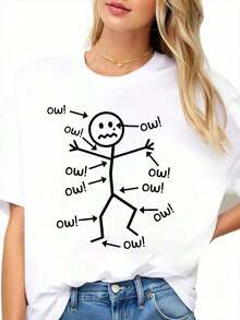100% Cotton 1 Piece Oversized Stick Figure Graphic T-Shirt, Casual And Fun, For Women And Men, Unisex, Streetwear Style, Comfortable For Daily Wear, 220gg 100% Cotton Women's Simple Solid Color T-Shirt, Loose And Slim Fit Casual Short Sleeve - 白色的 - 查看 2
