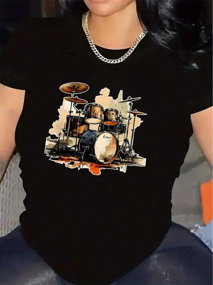Premium Loose-Fitting, Lightweight, Short-Sleeved T-Shirt With A Drum Kit Design. Perfect For Music Lovers, It's An Ideal Choice For Lounging At Home Or Casual Outings, Offering Comfortable Everyday Wear. Great Gift Idea. - 黑色 - 查看 1