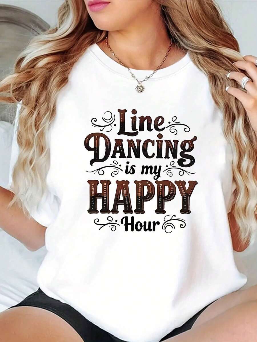FashionNEW Line Dancing Is My HAPPY Hour Plus Size Women's Casual Fashion T-Shirt With Vintage Style Print, Round Neck, For Spring And Summer, For Daily Wear, Shopping And Parties - Unisex Loose Cotton Short Sleeve Round Neck T-Shirt With Urban Vintage Style - 白色 - 查看 1