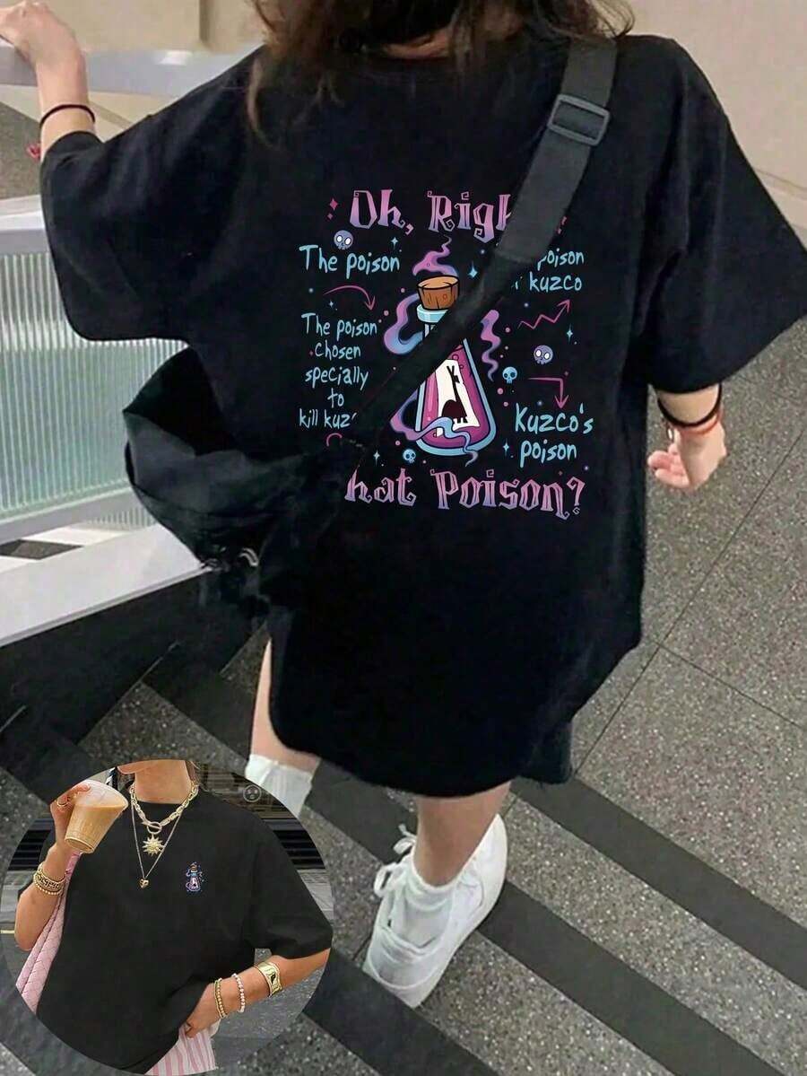 Kuzco's Poison Women's Graphic T-Shirt "That Poison?", Crew Neck, Short Sleeve, Casual, Spring/Autumn/Summer Blouses - 黑色 - 查看 1