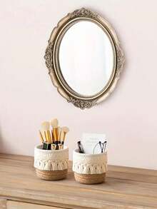 Tassel Desktop Storage Basket, Makeup Brush Storage Box, Round Woven Storage Basket, Suitable For Storing Makeup Brushes, Hair Clips And Hair Accessories, Suitable For Storing Earphones And Data Cables, Miscellaneous Storage Box, Remote Control Storage Basket, Suitable For Living Room, Bedroom And Garden, Suitable As A Gift For Friends, Wedding Souvenir, Birthday Gift - Multicolor - View 3