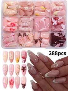 288 miếng (12 mẫu hỗn hợp) Miếng dán móng tay hoa hạnh nhân & họa tiết chấm bi, trang trí bằng hạt kim loại nhỏ, móng giả acrylic. Bộ sản phẩm bao gồm: 1 chai gel thạch và 1 dũa móng tay. Nghệ thuật vẽ móng hoa và làm móng kiểu Pháp. - Nhiều màu - Xem 1