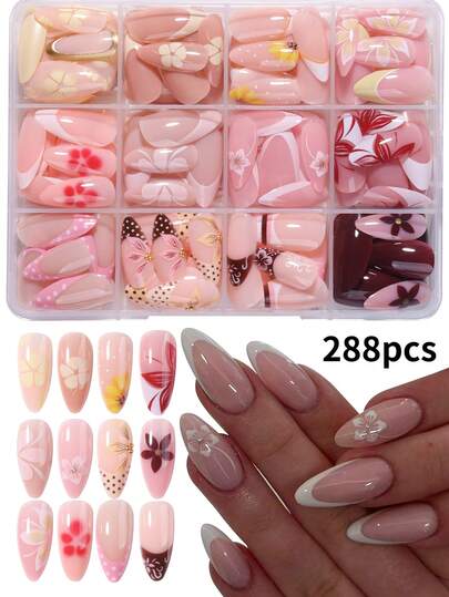 288 miếng (12 mẫu hỗn hợp) Miếng dán móng tay hoa hạnh nhân & họa tiết chấm bi, trang trí bằng hạt kim loại nhỏ, móng giả acrylic. Bộ sản phẩm bao gồm: 1 chai gel thạch và 1 dũa móng tay. Nghệ thuật vẽ móng hoa và làm móng kiểu Pháp.