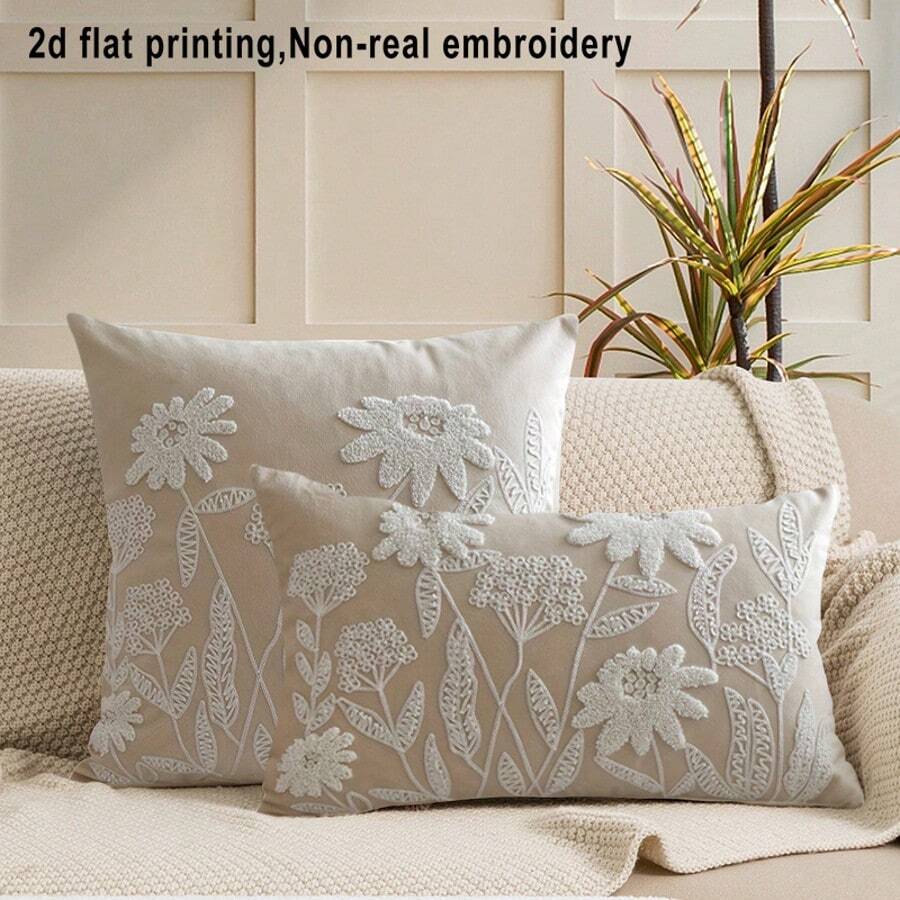 1pc Embroidery-Look Floral Beige Throw Pillow Cover (2D Print, Not Embroidered), Wabi-Sabi Cream Decor Cushion Cover, Faux Velvet Hidden Zipper Pillow Sham, Sold Individually In Two Sizes, Pillow Insert Not Included, Suitable For Bedroom, Living Room, Japanese-Style Inn - Beige - View 1