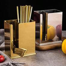 Soporte para utensilios de restaurante chino de acero inoxidable, 2 compartimentos de malla, estante de secado para utensilios de cocina, palillos, cuchara, tenedor, cuchillo - Dorado - Ver 4