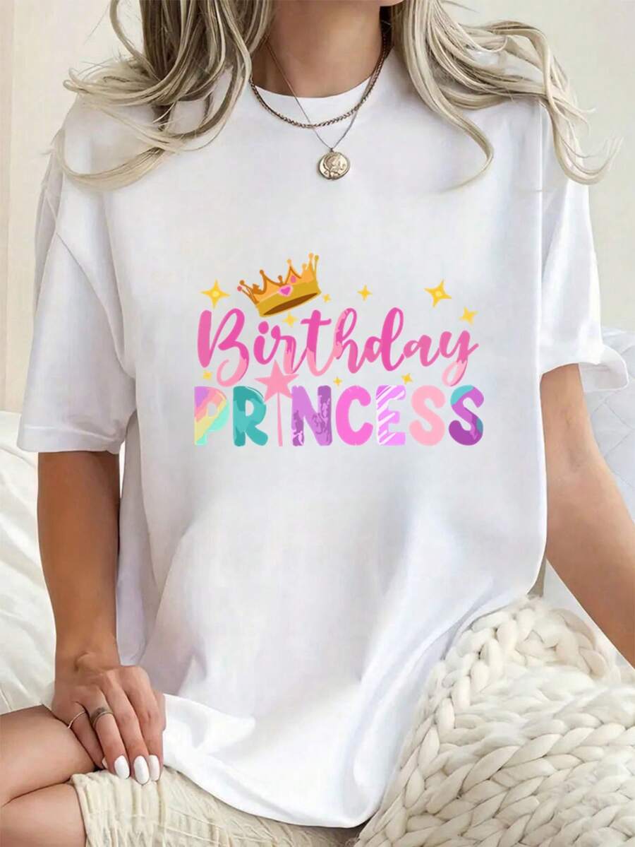 New 2026 Collection: Women's Cotton T-Shirt, 1 Piece, Princess Print For Birthday, Casual Sporty Style - Short Sleeve Top With High Elasticity Round Neck, Suitable For Spring, Summer And Autumn, Machine Washable, Summer Fashion Design, Opaque Material. - 白色 - 查看 1