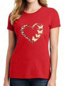 Women's Simple Casual Basic T-Shirt With Heart And Butterfly Print - Vintage Urban Style, Unisex, Cotton, Short Sleeve, Round Neck, Flash  Blouses, Pretty 100% Cotton - 紅色的 - 查看 1