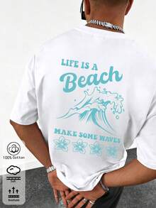 Maglietta a maniche corte con vestibilità ampia da uomo Camiseta de manga corta y cuello redondo clásica para hombres, 100% algodón, ropa casual de primavera y verano para uso diario, ideal para la vida de playa, salidas de verano y uso cotidiano, confeccionada en tela suave y transpirable, con gráfico de ola y mensaje inspirador en la parte trasera, versátil para varias ocasiones: oficina, hogar, actividades al aire libre, estilo retro Vintage  Graphic Tee Retro - Blanco - Ver 2