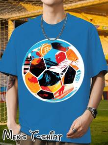 [Popular Licensed Design] Short-Sleeved T-Shirt With "Color Block Mosaic Style" Print, Artistic And Fashionable Outfit, Perfect For Casual Dinners And Sightseeing Walks, Football Collage Art Style, Suitable For Art Exhibitions, Casual Daily Wear, Student Outings And As A Gift For Football Art Fans. - 藍色 - 查看 9