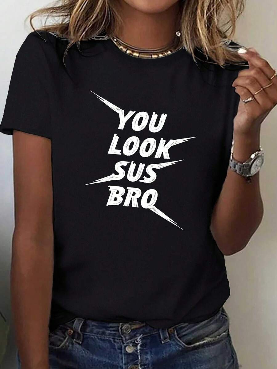 Camiseta Estampada para Mujer - Camiseta Casual de Manga Corta y Cuello Redondo en Negro con Diseño de Texto Blanco en Negrita, Corte Relajado para Todas las Estaciones, Perfecta para Uso Diario y Atuendos de Vacaciones (Lavable aáquina). - Negro - Ver 1