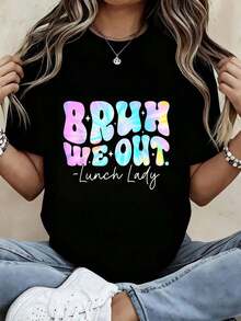 Women's Casual Sports T-Shirt - Black Stretch Crew Neck T-Shirt With Colorful BREAST WE OUT Text. Machine Washable, Comfortable Fit And Suitable For All Seasons. - 黑色 - 查看 6