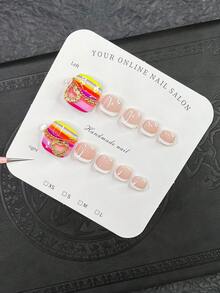 1 Set 10 Stücke funkelnde quadratische Aufkleb-Zehennägel, rosa handgemachte Zehennägel, vielseitige handgemalte bunte Streifen Zehennägel, weiße French Tips Stil, süße bunte Zehennägel, funkelndes goldenes Liebes-Muster und goldene kleine Stahlkugel Akzente, einfache handgemachte Zehennägel, vielseitige Zehennägel, eleganter sexy Stil für Frauen - Verschiedenfarbig - Übersicht 4