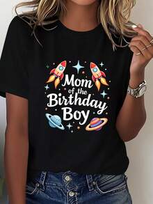 Women's Casual Short Sleeve Round Neck T-Shirt With Space Theme Letter Print "Mother Of The Birthday Boy", Women's Clothing, Casual Printed Short Sleeve Round Neck T-Shirt, Spring/Summer Local Urban Fashion. - 黑色 - 查看 6