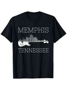 Camiseta unisex con estampado del horizonte de Memphis, Tennessee, y una guitarra, en blanco y negro, de corte holgado, informal, para fanáticos de la música, cómoda para viajes, lavable a máquina. - Negro - Ver 1