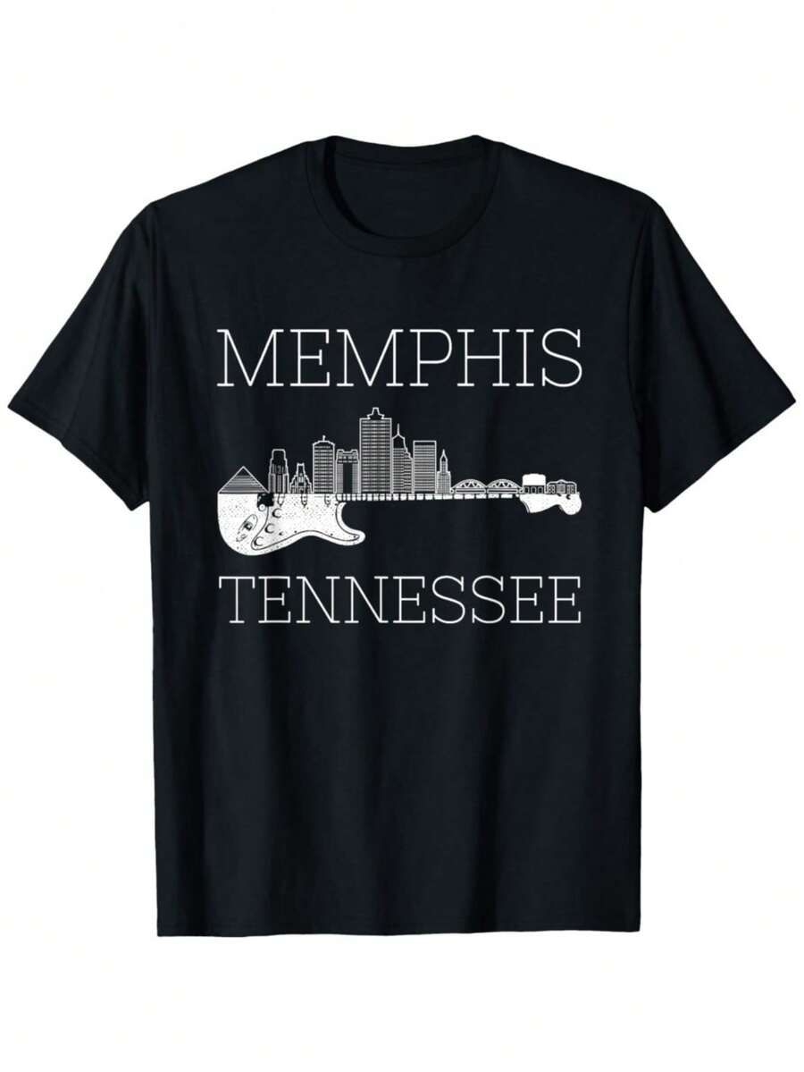 Camiseta unisex con estampado del horizonte de Memphis, Tennessee, y una guitarra, en blanco y negro, de corte holgado, informal, para fanáticos de la música, cómoda para viajes, lavable a máquina. - Negro - Ver 1