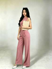2-Piece Set Of Tank Top And Solid-Color Pants For Casual Holiday Wear - Pink - View 6