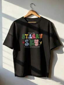 Starry Sky T-Shirt With Checkered Lettering,  Short-Sleeved T-Shirt For Spring/Summer 2026, Made In Mexico, 180 Grams. Cartoon Print, Couple Design, Suitable For Indoor Or Outdoor Wear. Crew Neck, Unisex, Ideal For The Office And Leisure. One-Pack. - BK-P631577SLNDXZGY584 - 查看 1