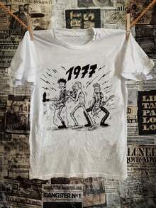 Men's Vintage 1977 Punk Rebellion Graphic T-Shirt - Comfortable Short-Sleeved Tee With A Retro Poster Girl Print, Classic Style, Made Of Soft, High-Quality Fabric, Ideal For Casual Sports, Unisex, Collectible Tee. Loose And Comfortable. - White - View 1