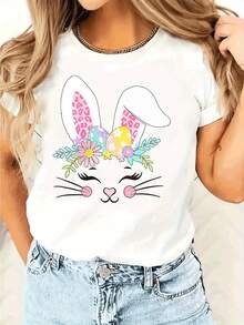 Women's Printed T-Shirt - Casual Short-Sleeve Crew Neck T-Shirt With A Fun Rabbit Face Design. Relaxed Fit, Suitable For All Seasons, Perfect For Everyday Wear And Holiday Outfits (Machine Washable). Pair It With Denim Jeans For A Cool And Fun Look. - White - View 1